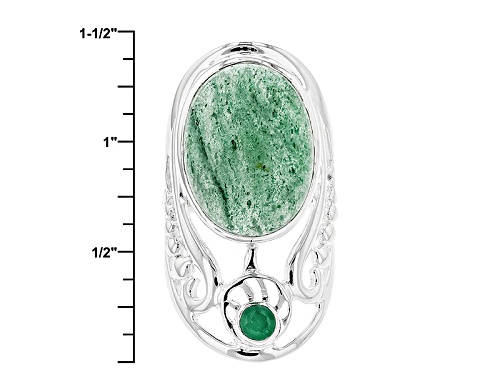 Artisan Of India, 20x15mm Oval Aventurine Quartz And .23ct Round Emerald Sterling Silver Ring - Size 5
