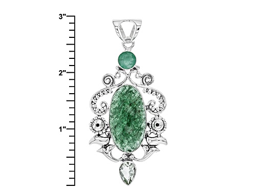 Artisan Of India, 30x15mm Aventurine Quartz, 1.58ct Emerald, And 1.67ct Prasiolite Silver Pendant