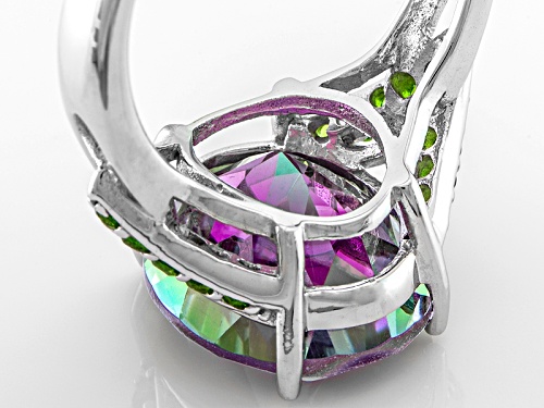 6.18ct Oval Mystic® Green Quartz With .31ctw Round Chrome Diopside Rhodium Over Silver Ring - Size 9