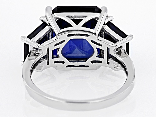 6.80ct Rectangular Octagonal And 3.74ctw Baguette Lab Blue Sapphire Rhodium Over Silver 3-Stone Ring - Size 7