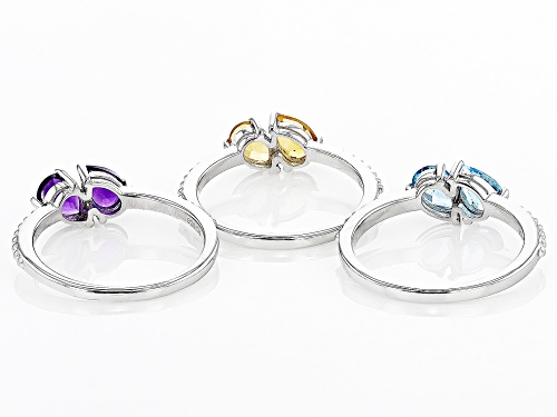 2.24ctw African Amethyst, Citrine And Swiss Blue Topaz Rhodium Over Sterling Silver Ring Set Of 3 - Size 8