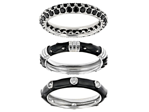 Joan Boyce,0.03ctw White Cubic Zirconia and Black Enamel Silver Tone  Set of 3 Stackable Ring - Size 4