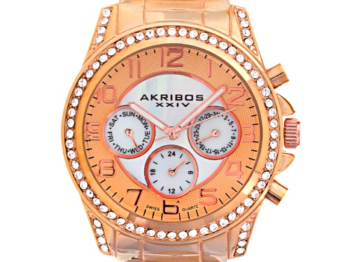 Akribos Ladies White Crystal Rose Tone Watch Set Of 2