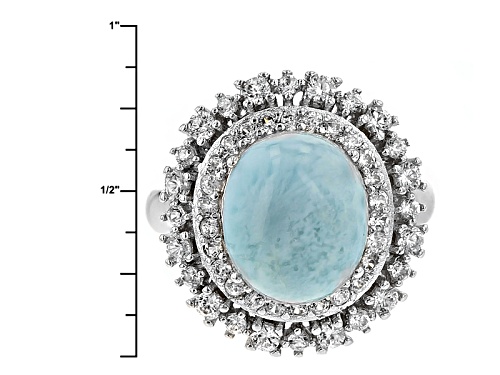 12x10mm Oval Cabochon Larimar With 1.15ctw Round White Zircon Sterling Silver Ring - Size 5