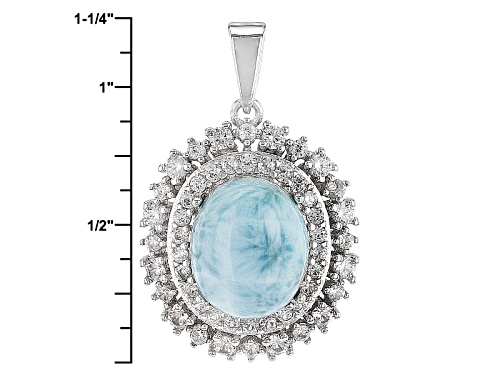 12x10mm Oval Cabochon Larimar With 1.15ctw Round White Zircon Sterling Silver Pendant With Chain