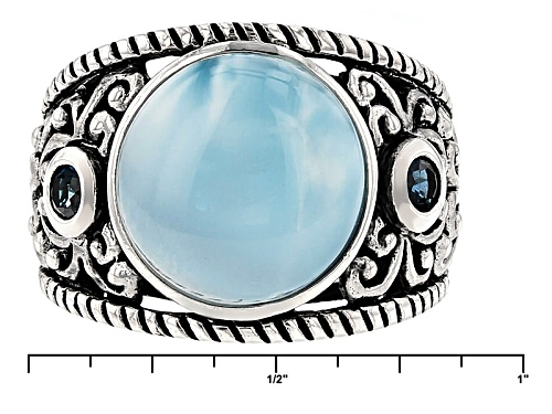 12.5mm Round Cabochon Larimar With .23ctw Round London Blue Topaz Sterling Silver Ring - Size 5
