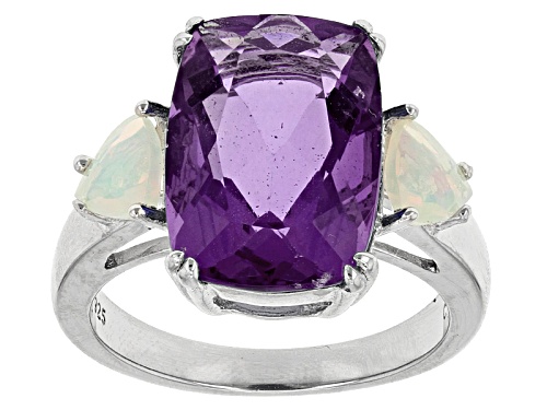 7.50ct Cushion Color Change Blue Fluorite And .45ctw Trillion Ethiopian Opal Sterling Silver Ring - Size 5