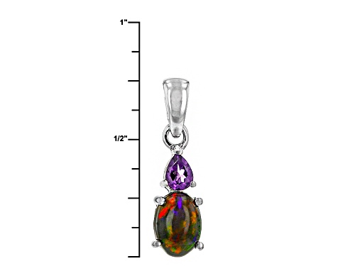 Oval Cabochon Black Ethiopian Opal And .12ct Pear Shape  African Amethyst Silver Pendant W/ Chain