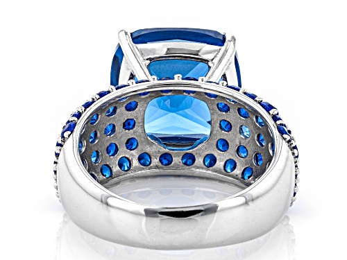 8.01ctw Square Cushion And Round Lab Created Blue Spinel Rhodium Over Sterling Silver Ring. - Size 9