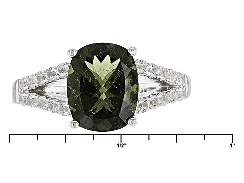 1.84ct Rectangular Cushion Moldavite With .35ctw White Topaz Rhodium Over Sterling Silver Ring - Size 6