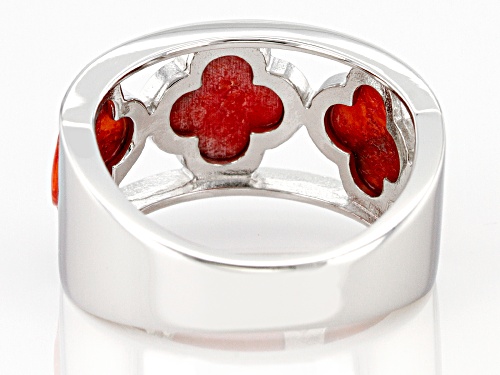 7.5mm Quatrefoil Shape Coral Rhodium Over Silver Band Ring - Size 7