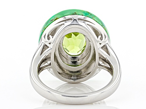 1.62ct Oval Manchurian Peridot(TM) and 17x4mm Specialty Cut Green Turquoise Rhodium Over Silver Ring - Size 7