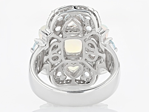 1.64ctw Mixed Shapes Ethiopian Opal, 2.28ctw Glacier Topaz™ and Zircon Rhodium Over Silver Ring - Size 8
