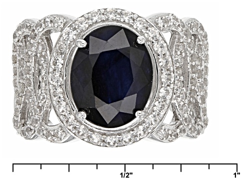 3.74ct Oval Blue Sapphire With 1.01ctw Mixed Round White Zircon Sterling Silver Ring - Size 5