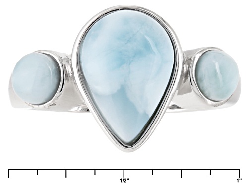 13x9mm Pear Shape And 5mm Round Cabochon Larimar Sterling Silver Three-Stone Ring - Size 5