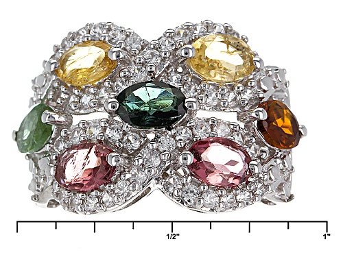 3.22ctw Oval Multi- Tourmaline With .92ctw Round White Zircon Rhodium Over Sterling Silver Ring - Size 6