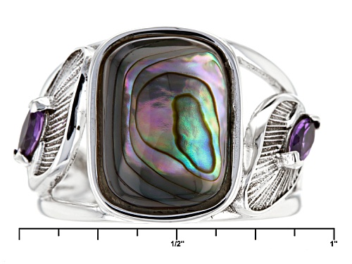 14x10mm Rectangular Cushion Abalone Shell With .23ctw Marquise African Amethyst Sterling Silver Ring - Size 6