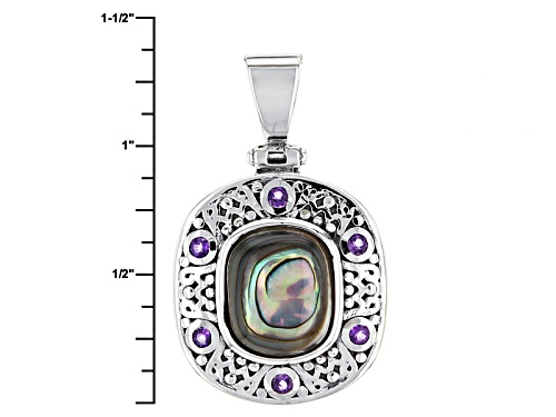12x10mm Rectangular Cushion Abalone Shell And .10ctw Round Amethyst Silver Pendant With Chain