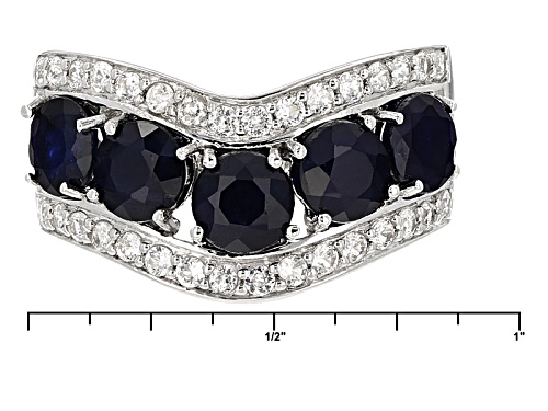 2.97ctw Round Blue Sapphire With .57ctw Round White Zircon Sterling Silver 5-Stone Chevron Ring - Size 8
