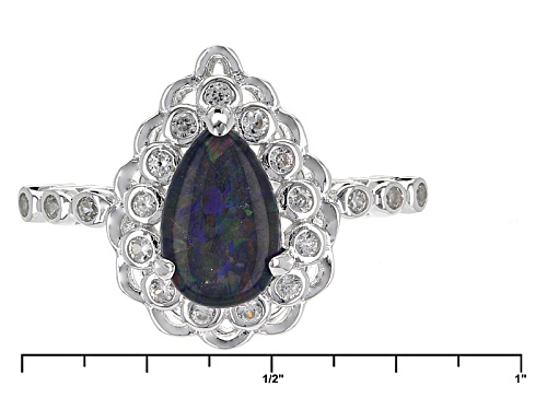 9x6mm Pear Shape Coober Pedy Opal Triplet And .24ctw Round White Zircon Sterling Silver Ring - Size 11
