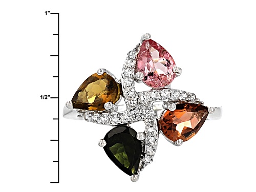 1.96ctw Pear Shape Multi-Tourmaline With .31ctw Round White Zircon Rhodium Over Sterling Silver Ring - Size 5