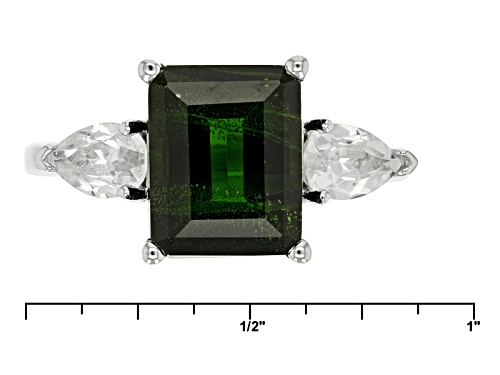 3.43ct Emerald Cut Russian Chrome Diopside With 1.40ctw Pear Shape White Zircon Sterling Silver Ring - Size 4
