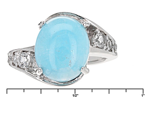 12x10mm Oval Cabochon Hemimorphite With .49ctw Round White Zircon Sterling Silver Ring - Size 7