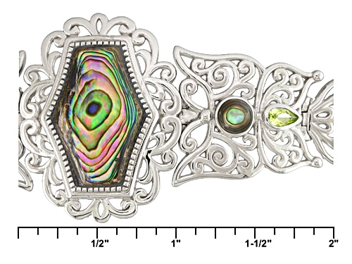 Fancy Cut And Round Cabochon Abalone Shell With .60ctw Manchurican Peridot™ Silver Bracelet - Size 7.25