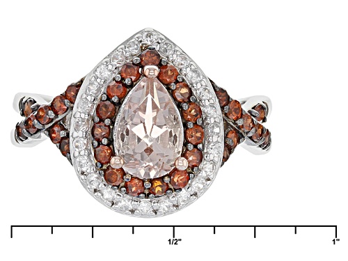 1.69ctw Pear Shape Morganite And Round White And Brown Zircon Sterling Silver Ring - Size 7