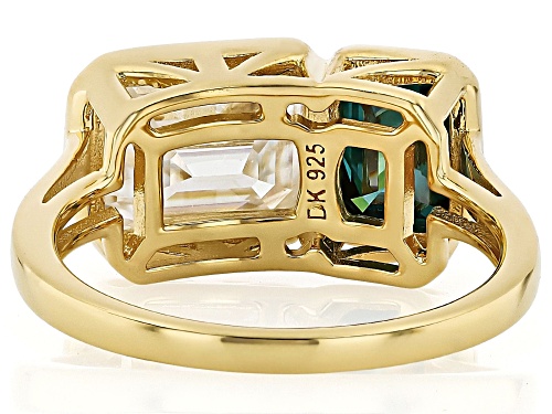 MOISSANITE FIRE® AND GREEN MOISSANITE 3.53CTW DEW EMERALD CUT 14K YELLOW GOLD OVER SILVER RING - Size 6
