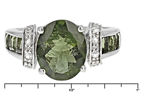 2.82ctw Oval And Square Moldavite With .11ctw Round White Zircon Rhodium Over Sterling Silver Ring - Size 6