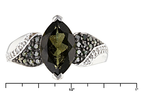1.33ct Moldavite with .21ctw Green Diamond &  .11ctw White Zircon Rhodium Over Sterling Silver Ring - Size 10