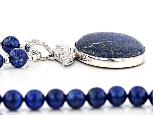 8mm Round Strand With 40x30mm Oval Drop Lapis Lazuli Sterling Silver Bead Necklace - Size 20