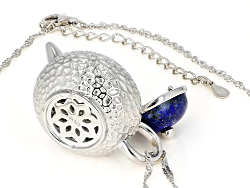 14mm Round Lapis Lazuli Rhodium Over Sterling Silver Teapot Locket Pendant with Chain