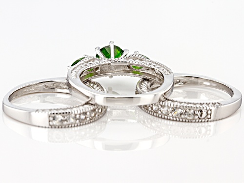 3.32ctw Round & Pear Shape Chrome Diopside with White Zircon Rhodium Over Silver Ring & 2 Bands Set - Size 9