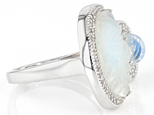 17x9mm & 6mm Rainbow Moonstone With .41ctw White Zircon Rhodium Over Sterling Silver Moon Ring - Size 6