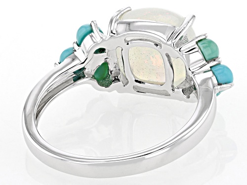 10mm Cushion Ethiopian Opal With Kingman Turquoise Rhodium Over Sterling Silver Ring - Size 7