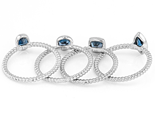 1.96ctw Mixed Shape London Blue Topaz Rhodium Over Sterling Silver Ring Set of 4 - Size 8