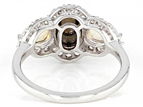 8x6mm Violet Aurora Moonstone With Ethiopian Opal & 0.77ctw White Zircon Rhodium Over Silver Ring - Size 7