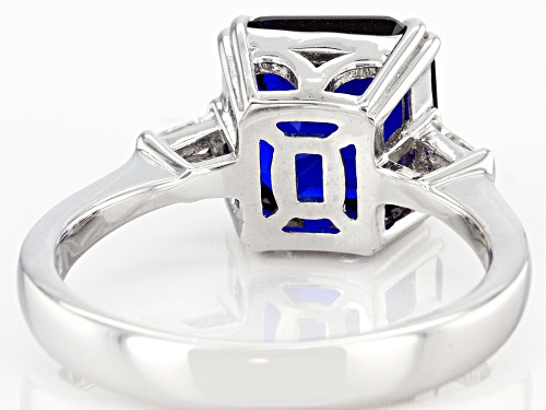 3.61ct Asscher cut Lab Blue Spinel And 0.14ctw Lab White Sapphire Rhodium Over Sterling Silver Ring - Size 6