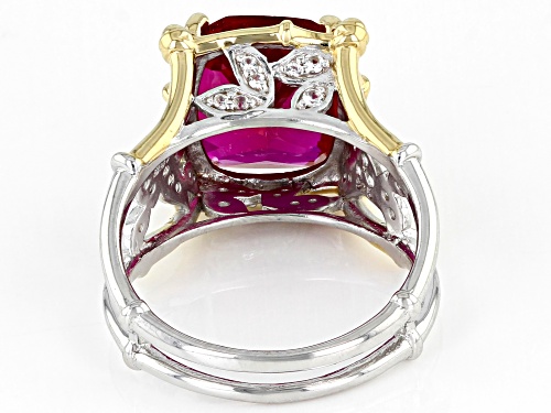 6ct Cushion Lab Ruby and 0.38ctw Round Lab White Sapphire Two Tone Rhodium Over Sterling Silver Ring - Size 8