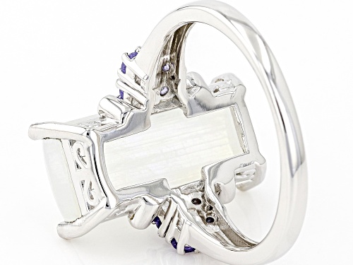 16x8mm Baguette Cabochon Rainbow Moonstone With 0.32ctw Tanzanite Rhodium Over Sterling Silver Ring - Size 7