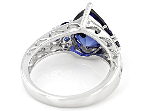 2.98ct Pear Shape & .36ctw Round Lab Created Blue Sapphire Rhodium Over Sterling Silver Ring - Size 8