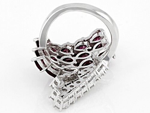 4.66ctw Pear shaped Raspberry Color Rhodolite and 2.13ctw White Zircon Rhodium Over Silver Ring - Size 7