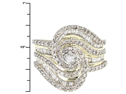 1.50ctw Round And Baguette White Diamond 10k Yellow Gold Crossover Ring - Size 8