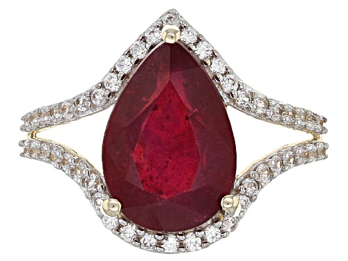 5.75ct Pear Shaped Mahaleo® Ruby With .35ctw Round White Zircon 10k Yellow Gold Ring. - Size 8
