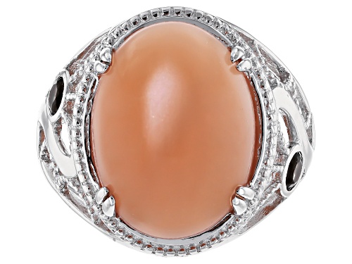 16x12mm oval peach moonstone & 1.19ctw Round Smoky Quartz Sterling silver ring - Size 7