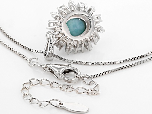 11x9mm Oval Cabochon Larimar With 1.80ctw Baguette And Round White Zircon Silver Pendant With Chain