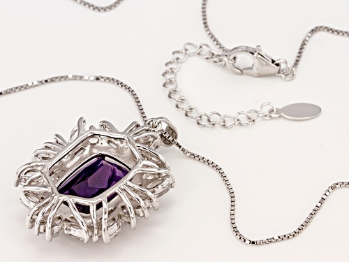 7.39CT RECTANGULAR CUSHION AFRICAN AMETHYST WITH 3.68CTW WHITE TOPAZ SILVER PENDANT WITH CHAIN