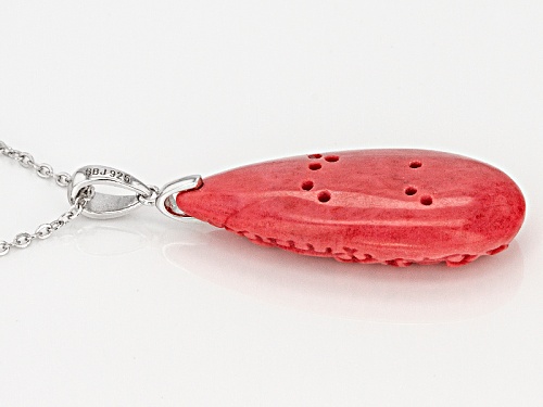35x15mm Pear Shape Three Fancy Carved Red Coral Flowers Sterling Silver Pendant With Chain